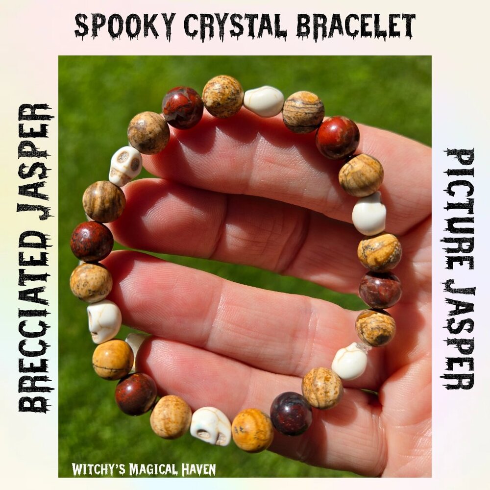 Brecciated and Picture Jasper Skull Spook Gemstone Beaded Bracelet